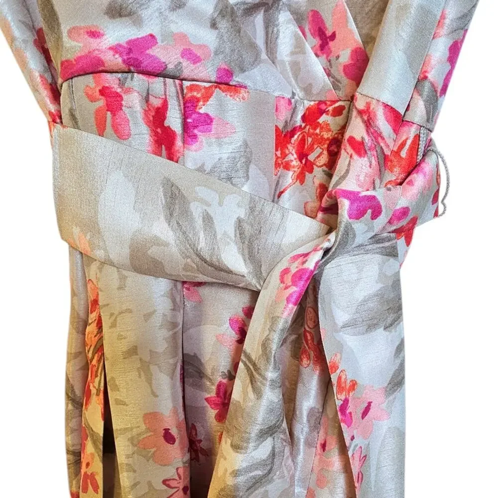 Jessica Howard Silver with Pink Floral Romantic Cottagecore V-Neck Dress